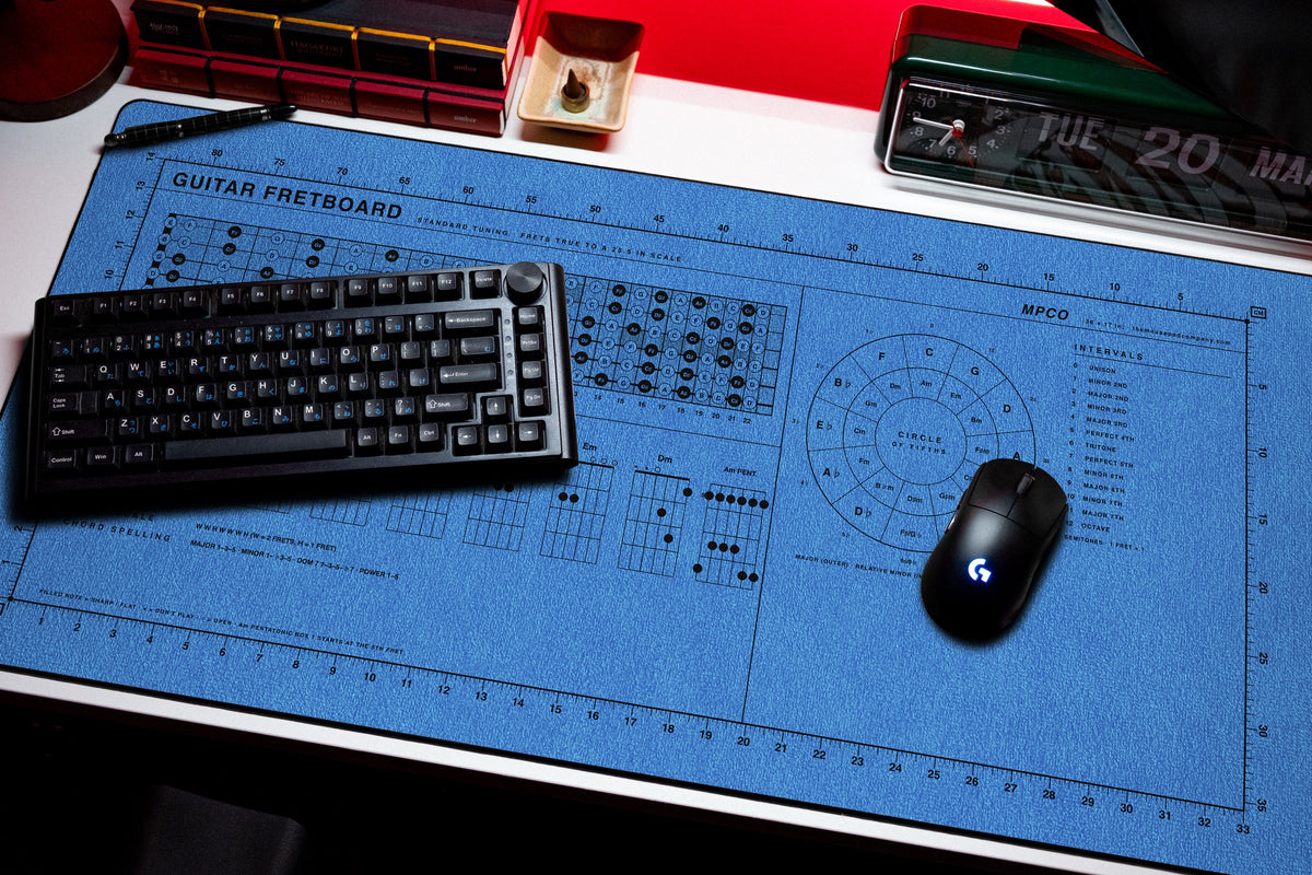 Guitar Fretboard Pad desk mat in Swiss Blue, shown on a styled desk setup