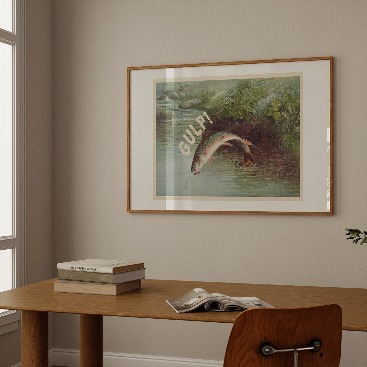 Gulp! - Leaping Trout, by S.A. Kilbourne art print styled in a room setting
