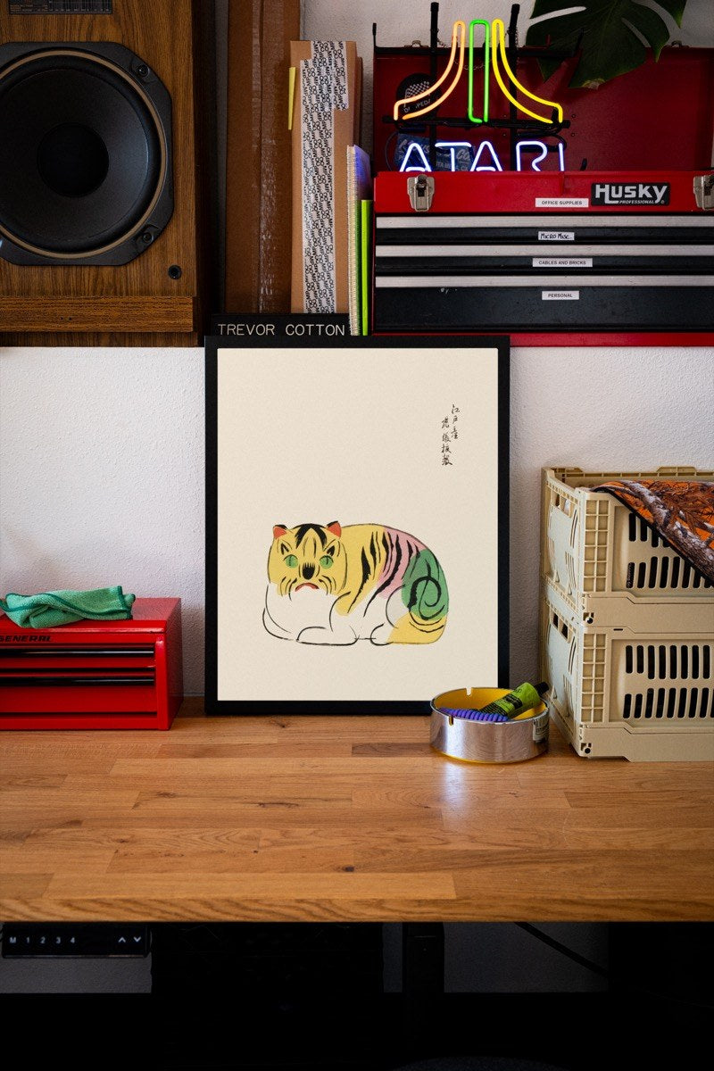 Hariko Tiger Toy (Crouching) - Japanese Folk Art art print styled in a room setting