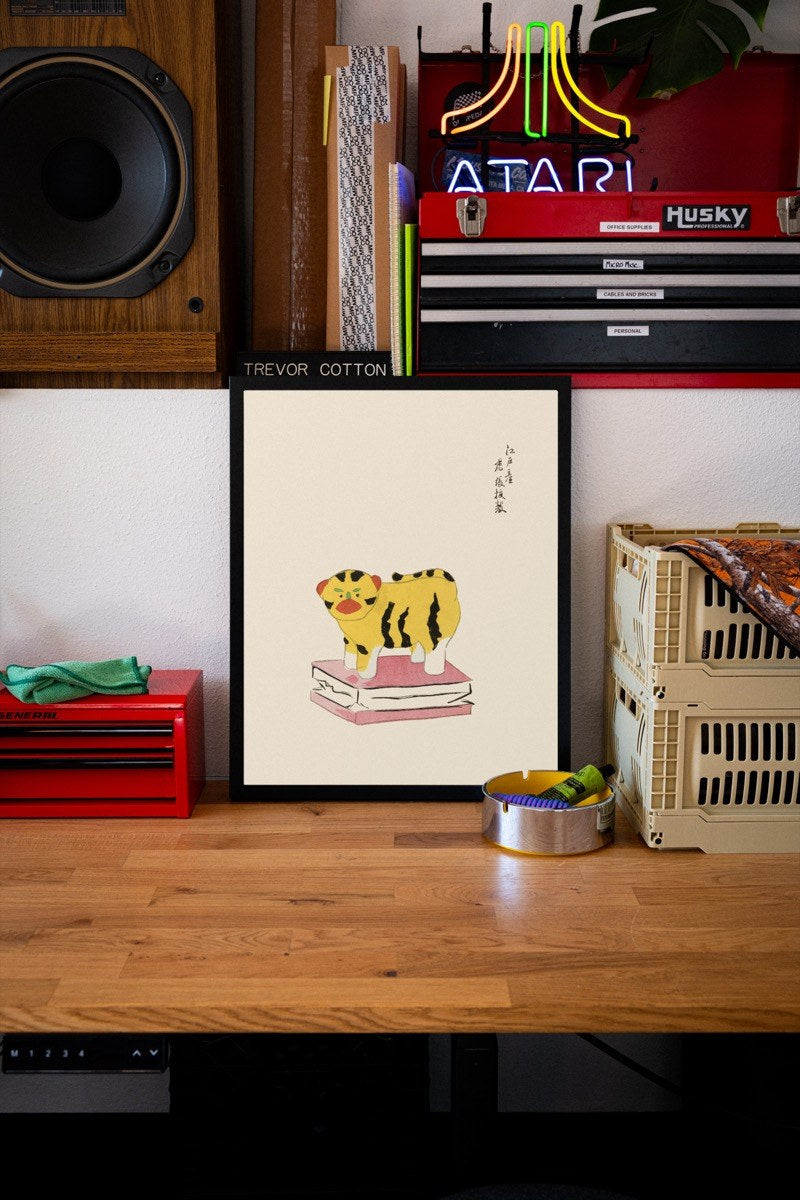 Hariko Tiger Toy on a Box - Japanese Folk Art art print styled in a room setting