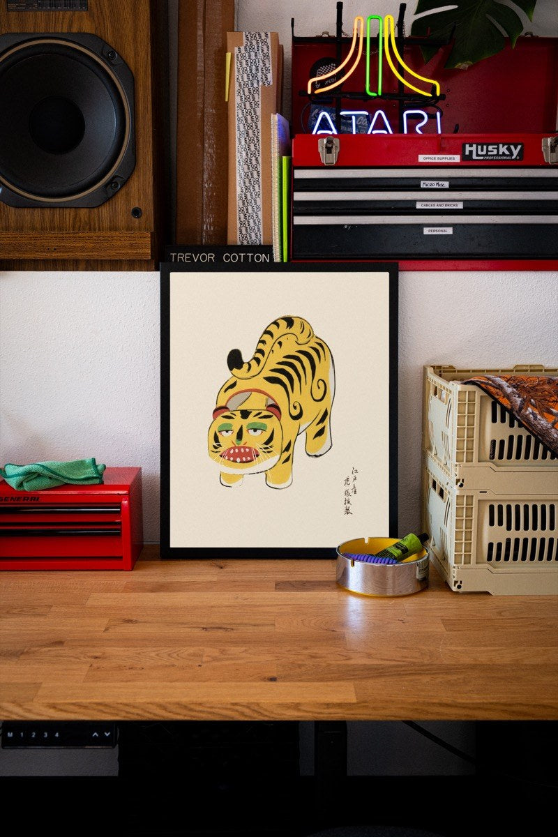 Hariko Tiger Toy (Standing) - Japanese Folk Art art print styled in a room setting