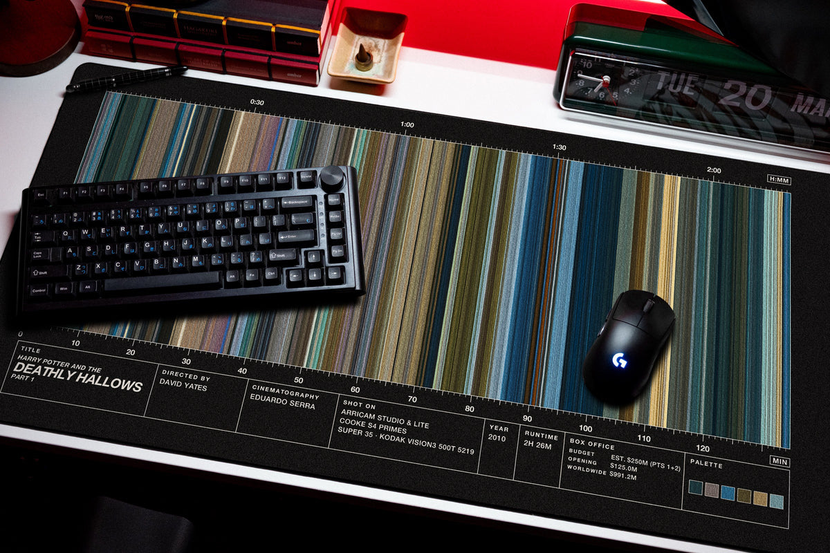 Harry Potter and the Deathly Hallows: Part 1 (2010) — Movie Barcode Desk Mat desk mat in Black, shown on a styled desk setup