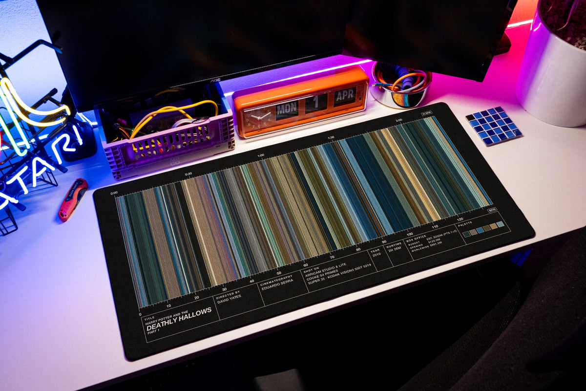 Harry Potter and the Deathly Hallows: Part 1 (2010) — Movie Barcode Desk Mat desk mat in Black, shown on a styled desk setup