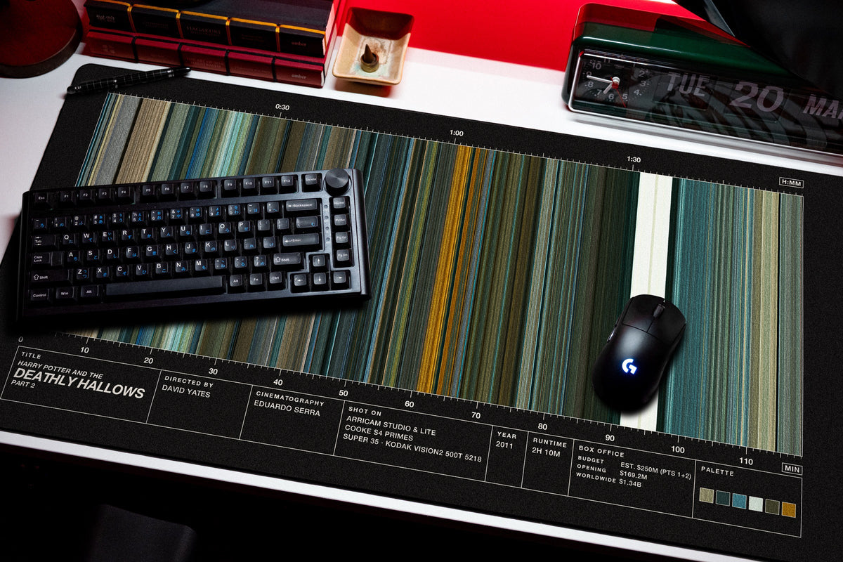 Harry Potter and the Deathly Hallows: Part 2 (2011) — Movie Barcode Desk Mat desk mat in Black, shown on a styled desk setup