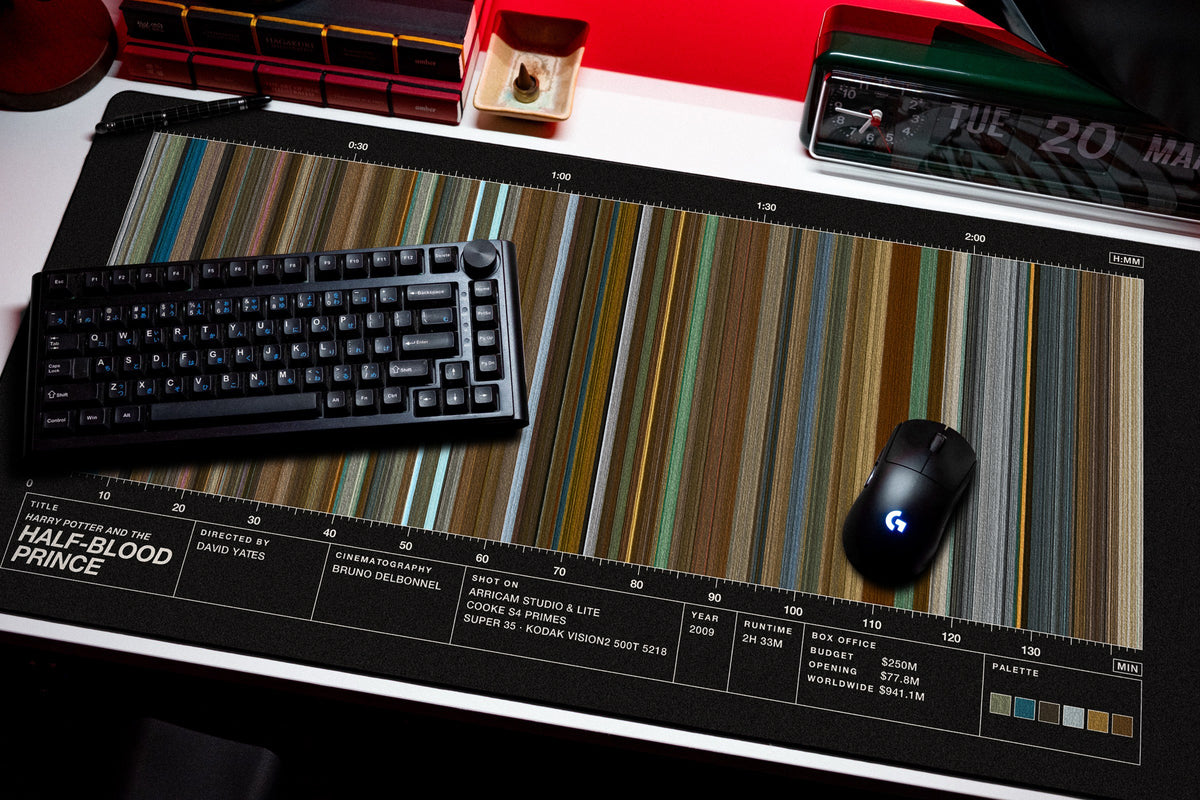 Harry Potter and the Half-Blood Prince (2009) — Movie Barcode Desk Mat desk mat in Black, shown on a styled desk setup
