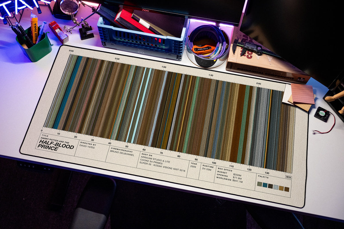 Harry Potter and the Half-Blood Prince (2009) — Movie Barcode Desk Mat desk mat in Cream, shown on a styled desk setup