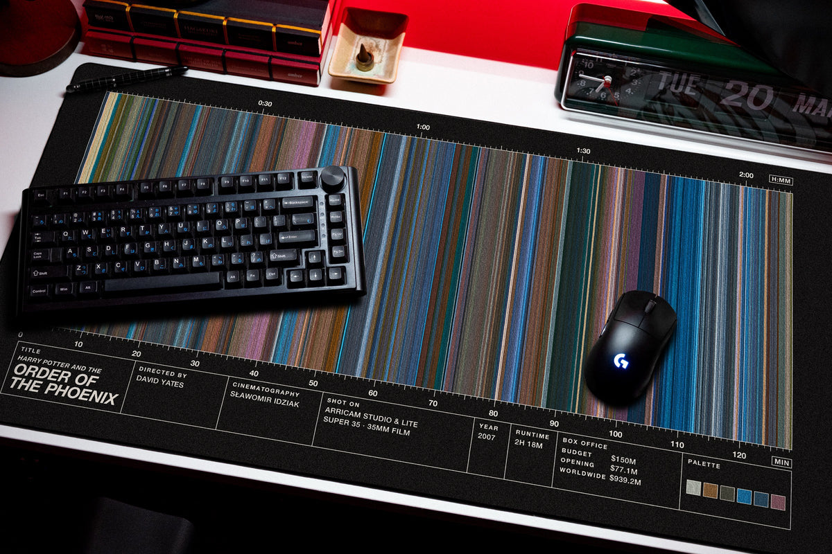 Harry Potter and the Order of the Phoenix (2007) — Movie Barcode Desk Mat desk mat in Black, shown on a styled desk setup