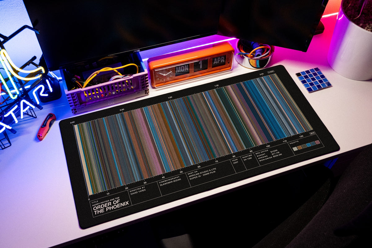 Harry Potter and the Order of the Phoenix (2007) — Movie Barcode Desk Mat desk mat in Black, shown on a styled desk setup