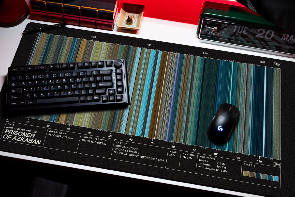 Harry Potter and the Prisoner of Azkaban (2004) — Movie Barcode Desk Mat desk mat in Black, shown on a styled desk setup