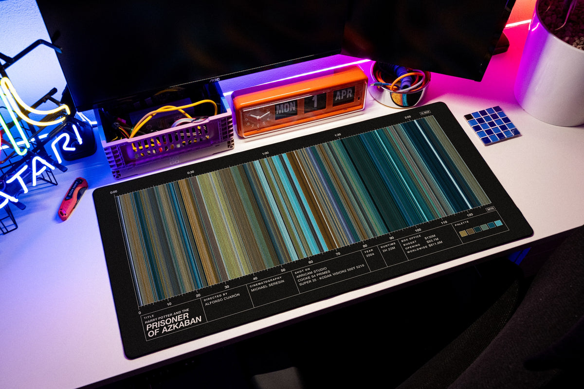 Harry Potter and the Prisoner of Azkaban (2004) — Movie Barcode Desk Mat desk mat in Black, shown on a styled desk setup
