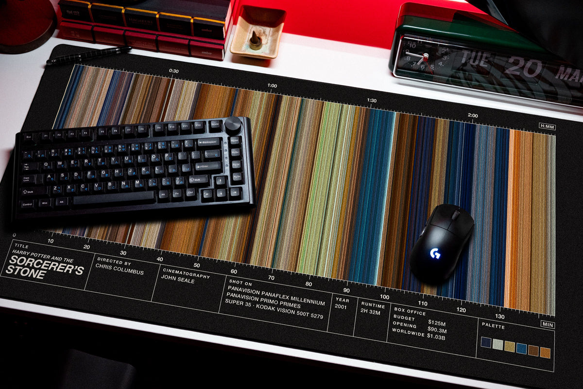 Harry Potter and the Sorcerer's Stone (2001) — Movie Barcode Desk Mat desk mat in Black, shown on a styled desk setup