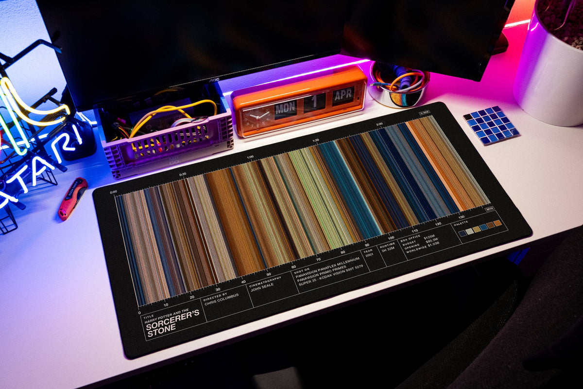 Harry Potter and the Sorcerer's Stone (2001) — Movie Barcode Desk Mat desk mat in Black, shown on a styled desk setup