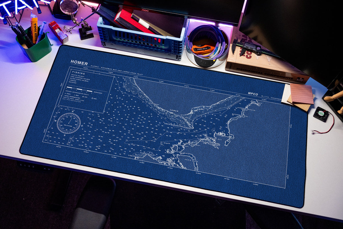 Homer Nautical Chart Pad desk mat in Blue / White, shown on a styled desk setup