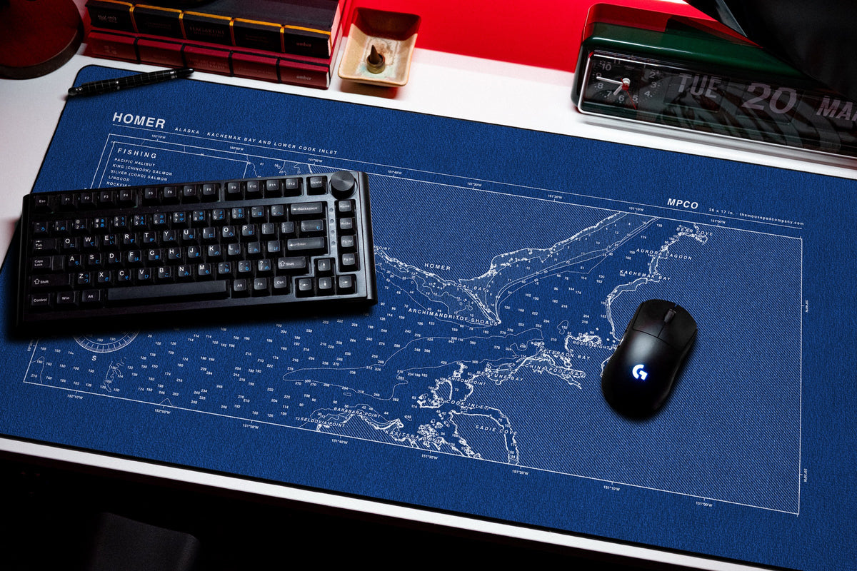 Homer Nautical Chart Pad desk mat in Blue / White, shown on a styled desk setup