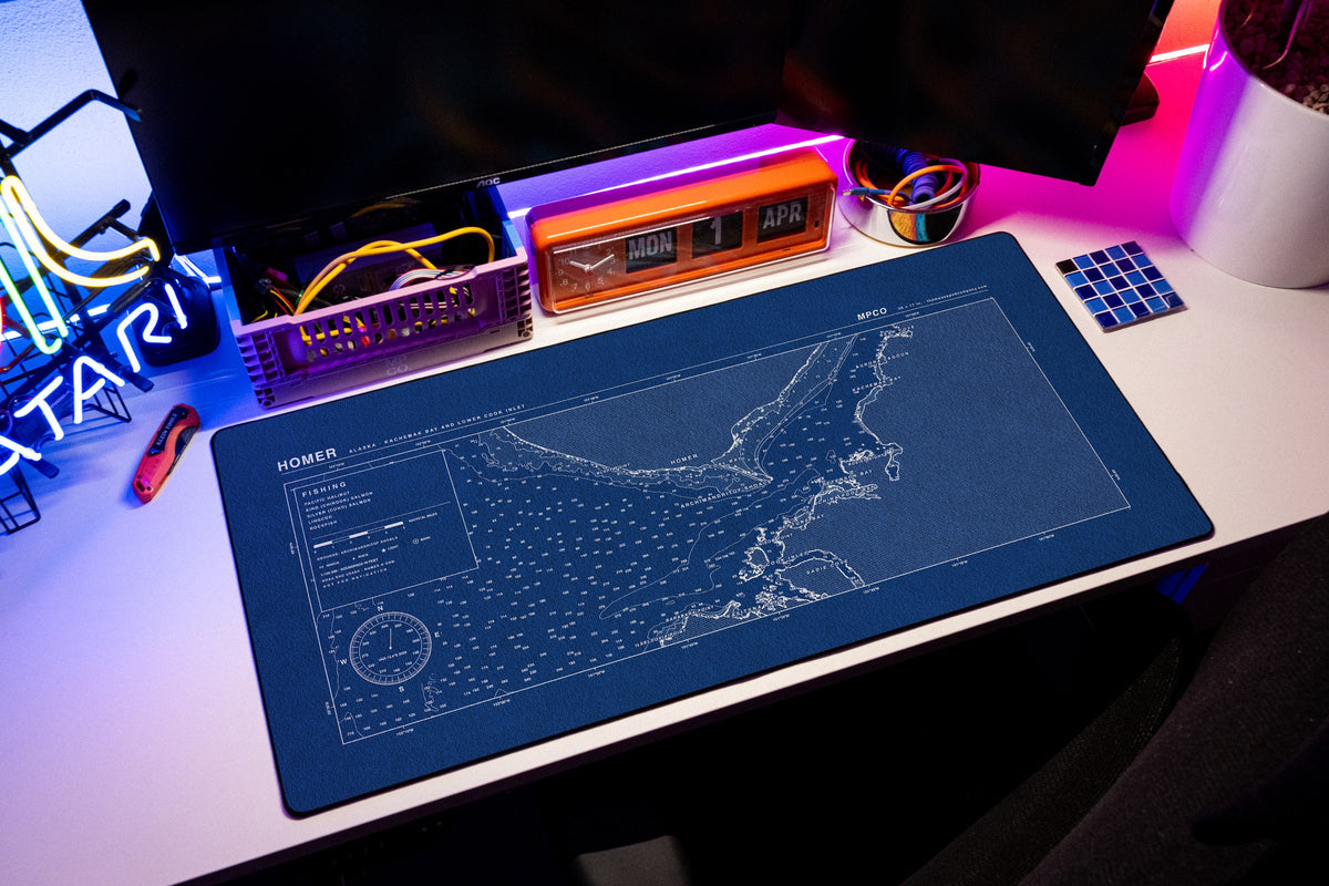 Homer Nautical Chart Pad desk mat in Blue / White, shown on a styled desk setup
