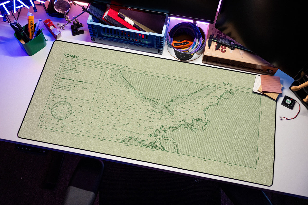 Homer Nautical Chart Pad desk mat in Buff / Green, shown on a styled desk setup