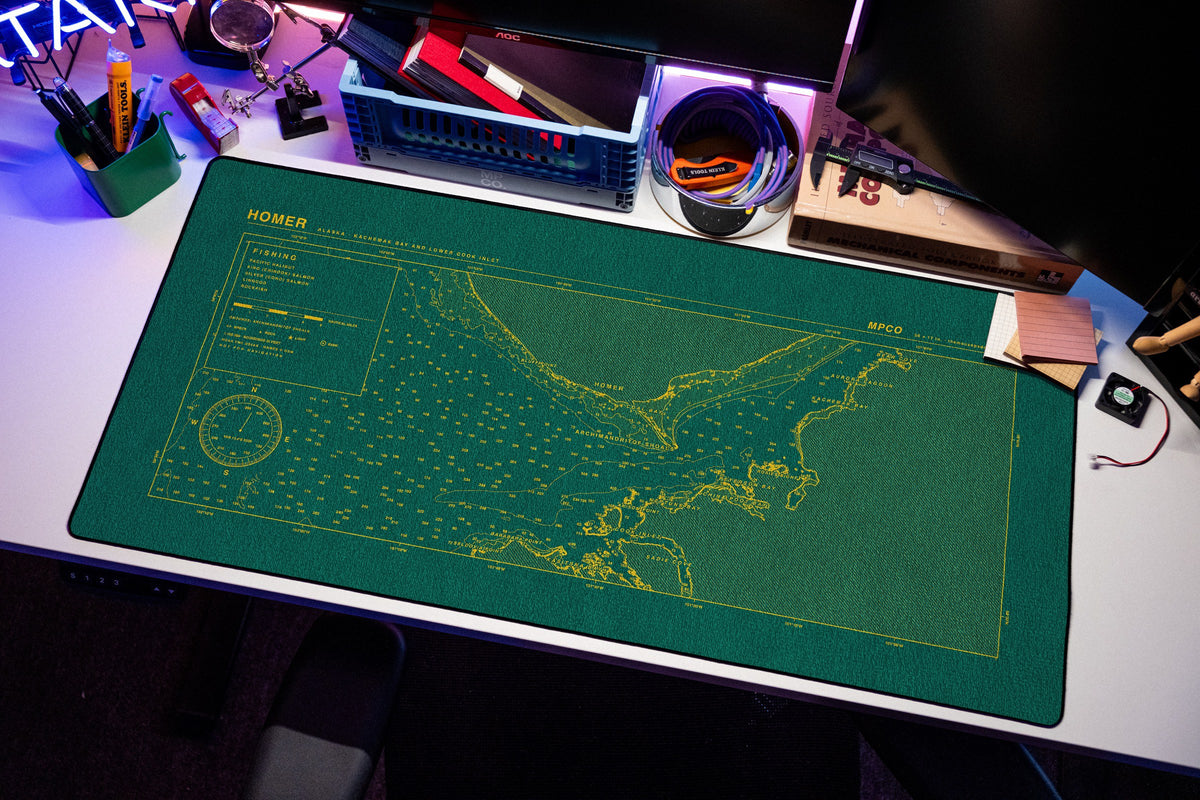 Homer Nautical Chart Pad desk mat in Green / Yellow, shown on a styled desk setup