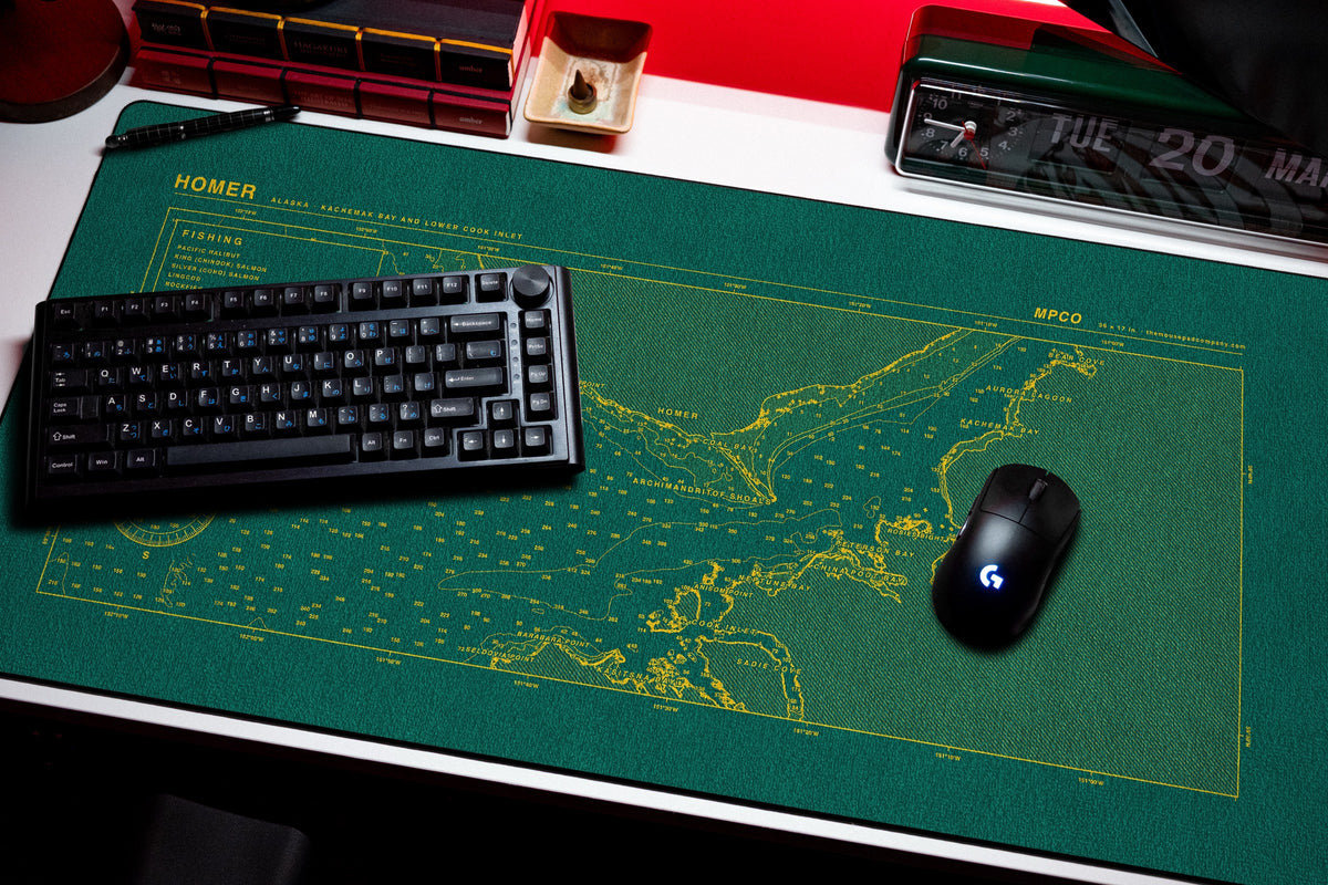 Homer Nautical Chart Pad desk mat in Green / Yellow, shown on a styled desk setup