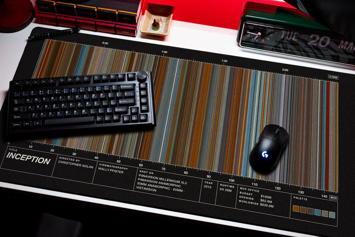 Inception (2010) — Movie Barcode Desk Mat desk mat in Black, shown on a styled desk setup