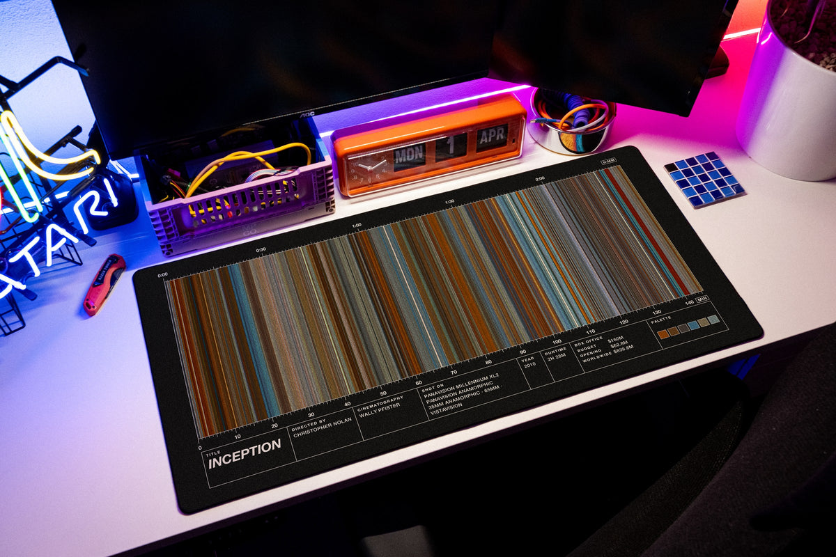 Inception (2010) — Movie Barcode Desk Mat desk mat in Black, shown on a styled desk setup