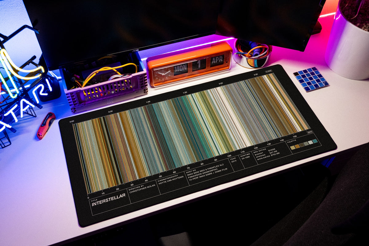 Interstellar (2014) — Movie Barcode Desk Mat desk mat in Black, shown on a styled desk setup