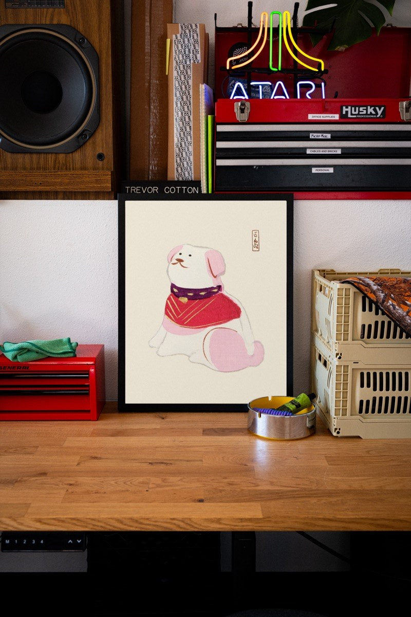 Inu Hariko Puppy - Japanese Folk Art art print styled in a room setting