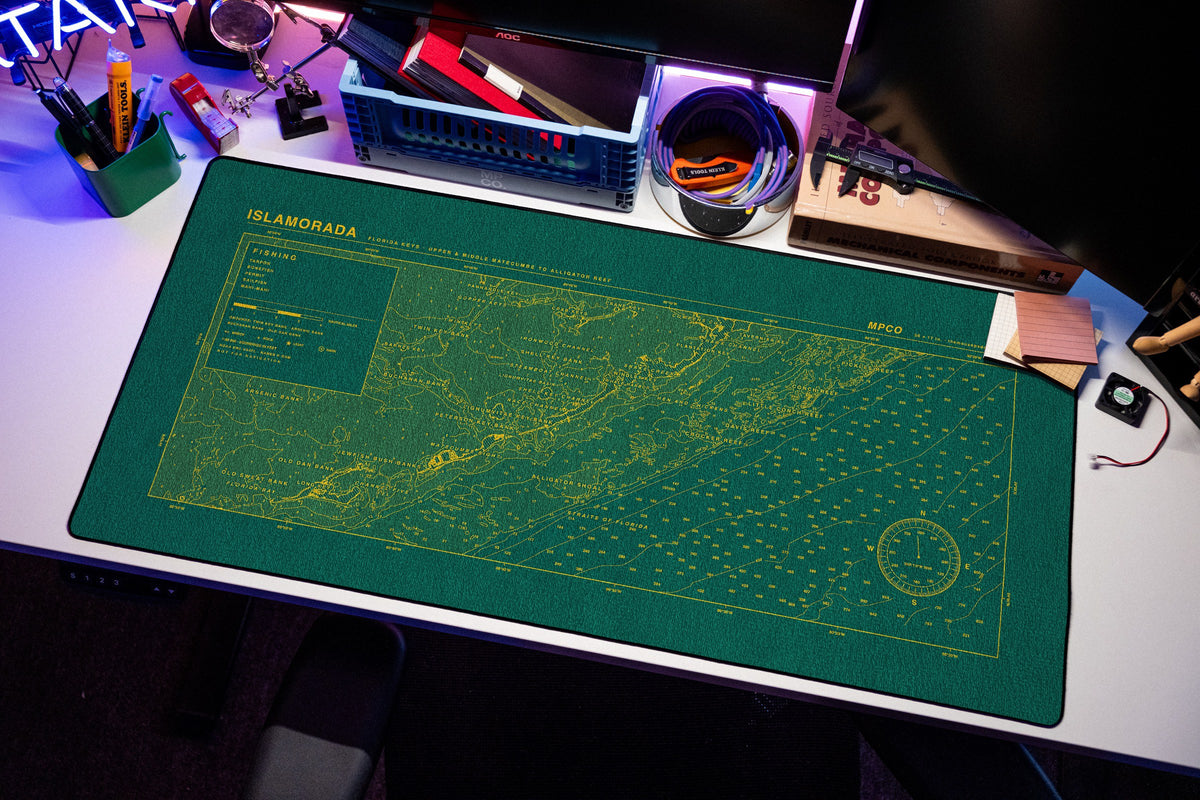 Islamorada Nautical Chart Pad desk mat in Green / Yellow, shown on a styled desk setup
