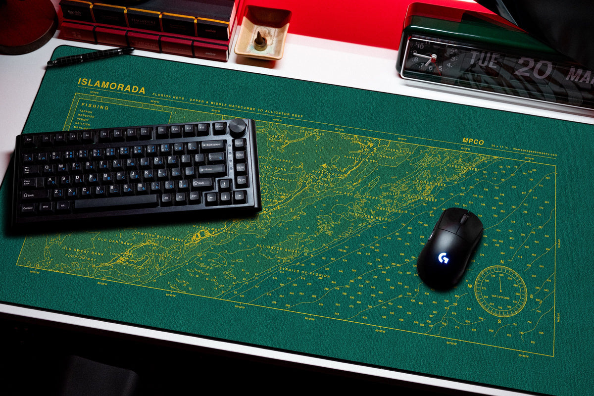 Islamorada Nautical Chart Pad desk mat in Green / Yellow, shown on a styled desk setup