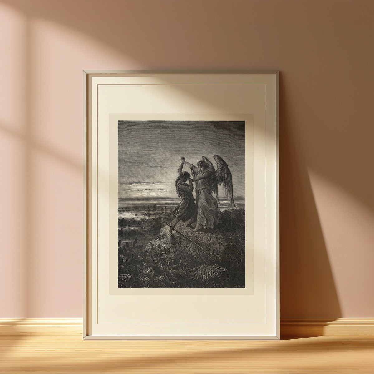 Jacob Wrestling with the Angel, by Gustave Dore art print styled in a room setting