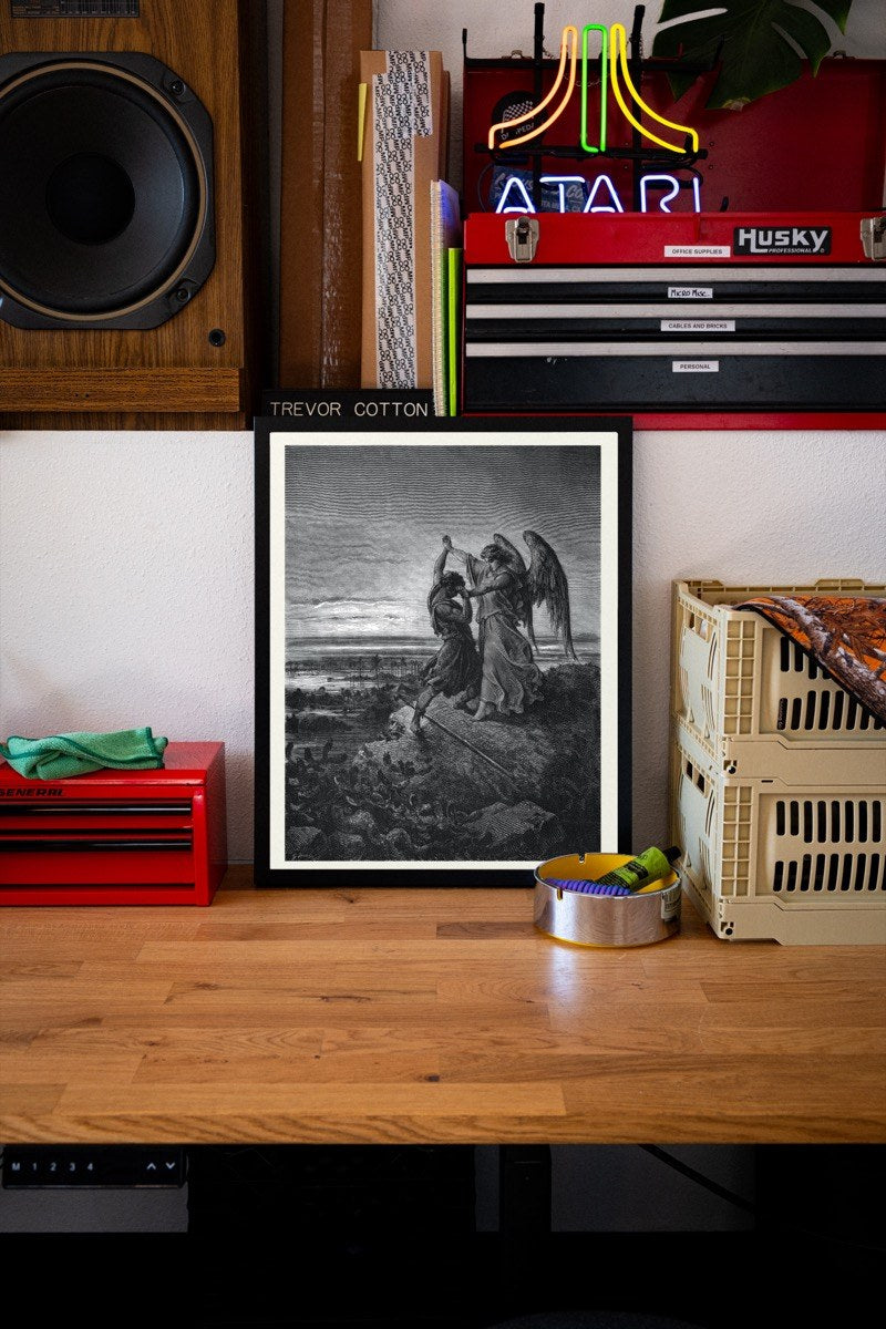 Jacob Wrestling with the Angel, by Gustave Dore art print styled in a room setting