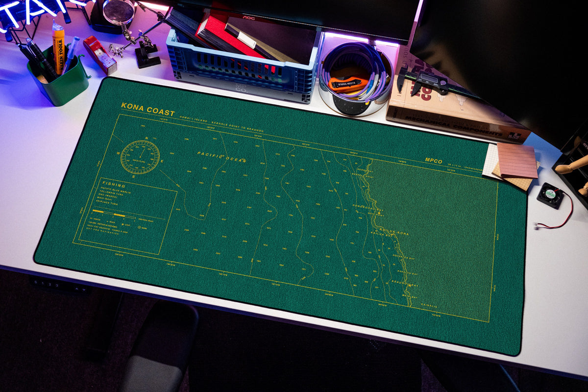 Kona Coast Nautical Chart Pad desk mat in Green / Yellow, shown on a styled desk setup