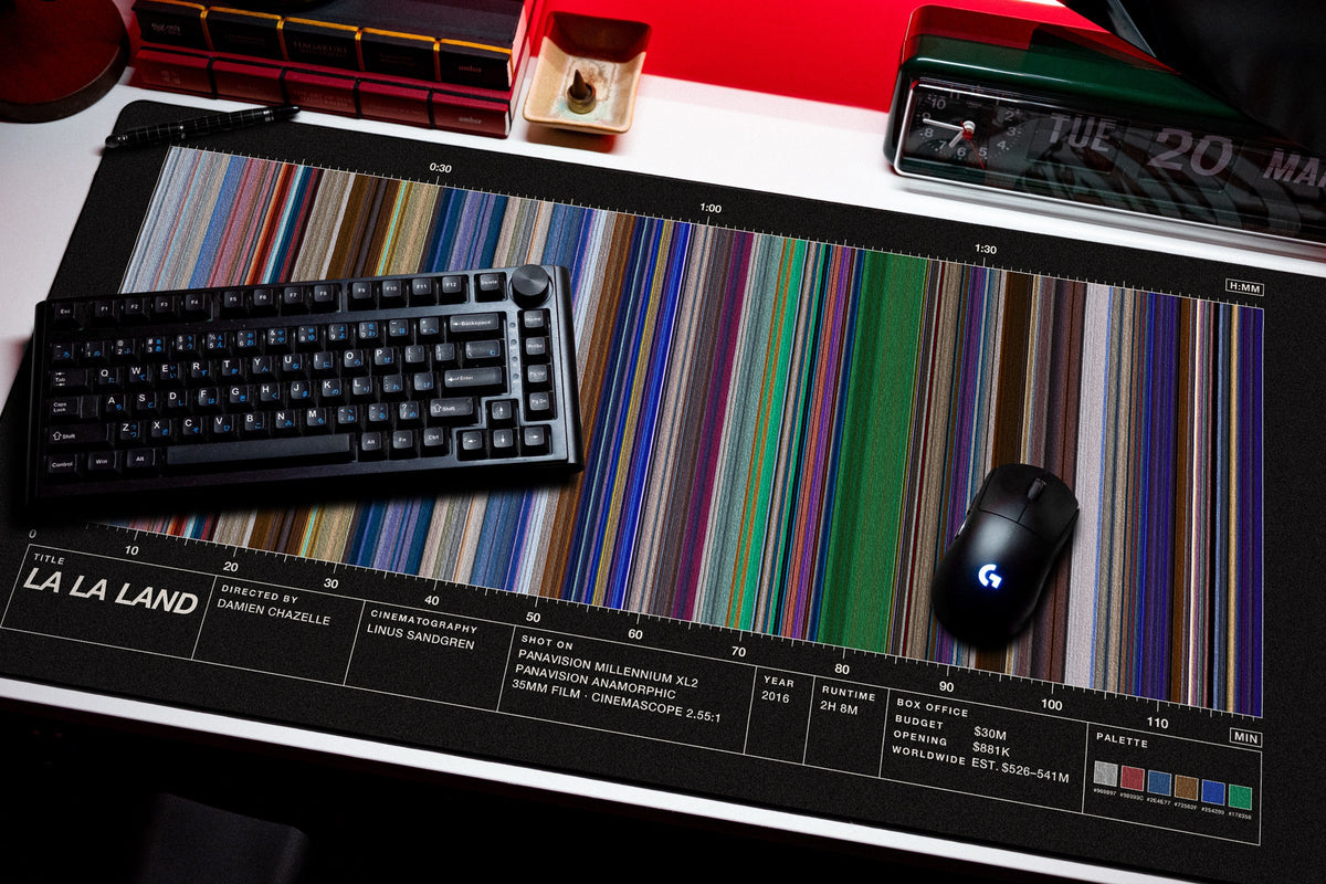 La La Land (2016) — Movie Barcode Desk Mat desk mat in Black, shown on a styled desk setup