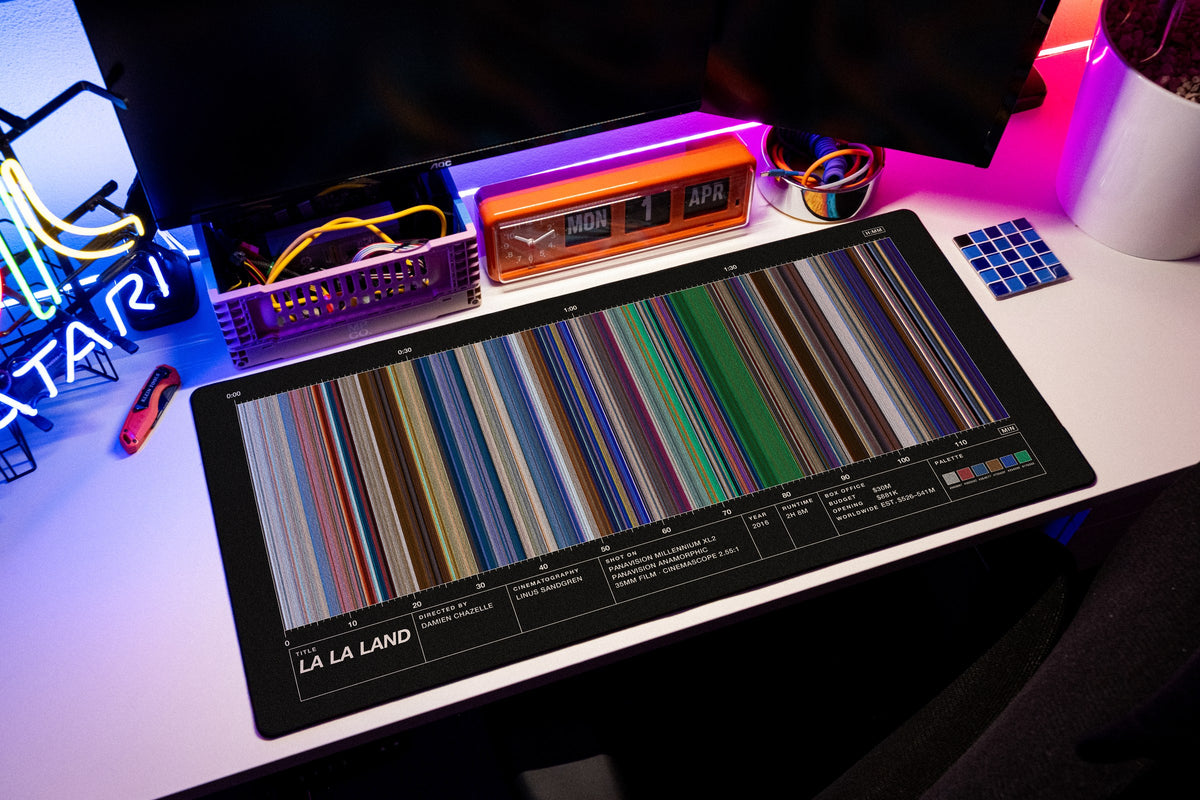La La Land (2016) — Movie Barcode Desk Mat desk mat in Black, shown on a styled desk setup