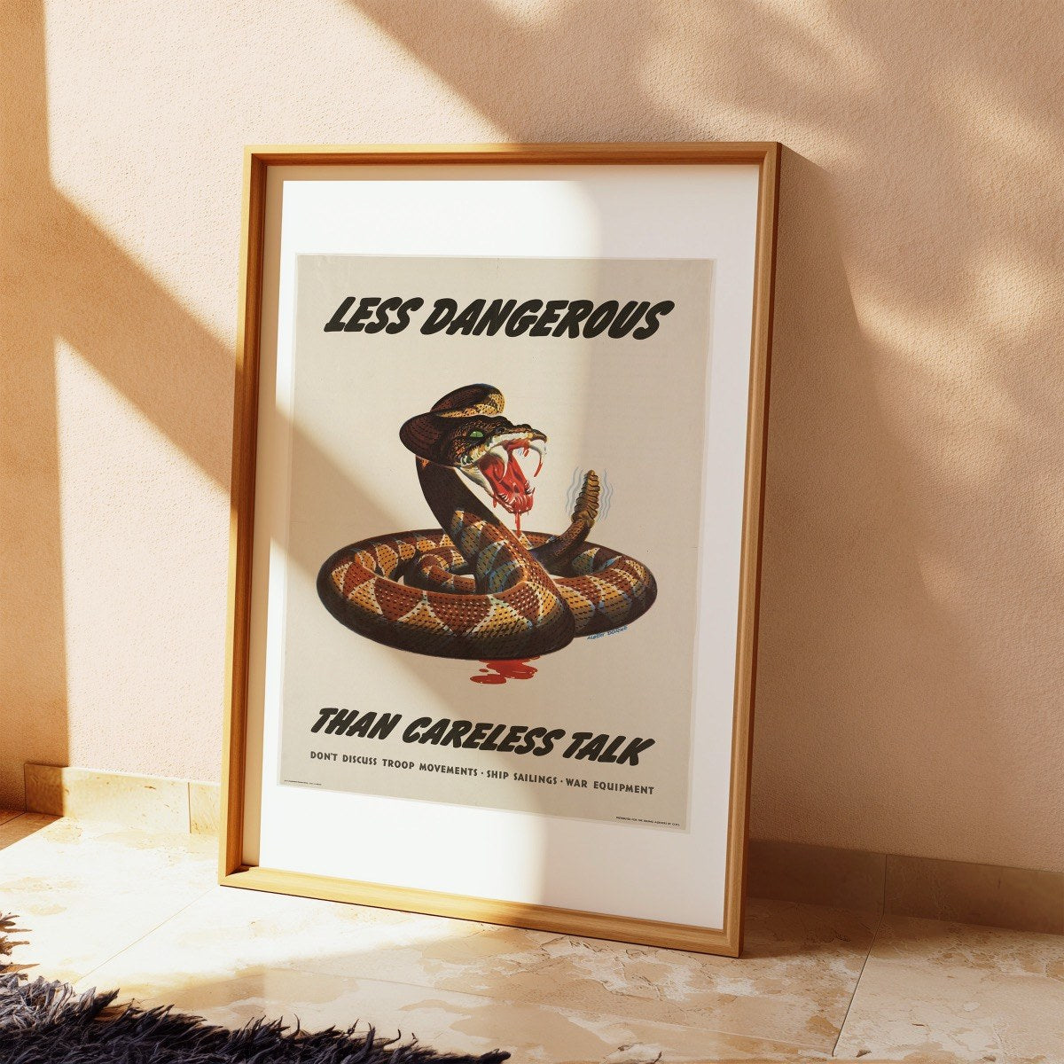 Less Dangerous Than Careless Talk, by Albert Dorne art print styled in a room setting