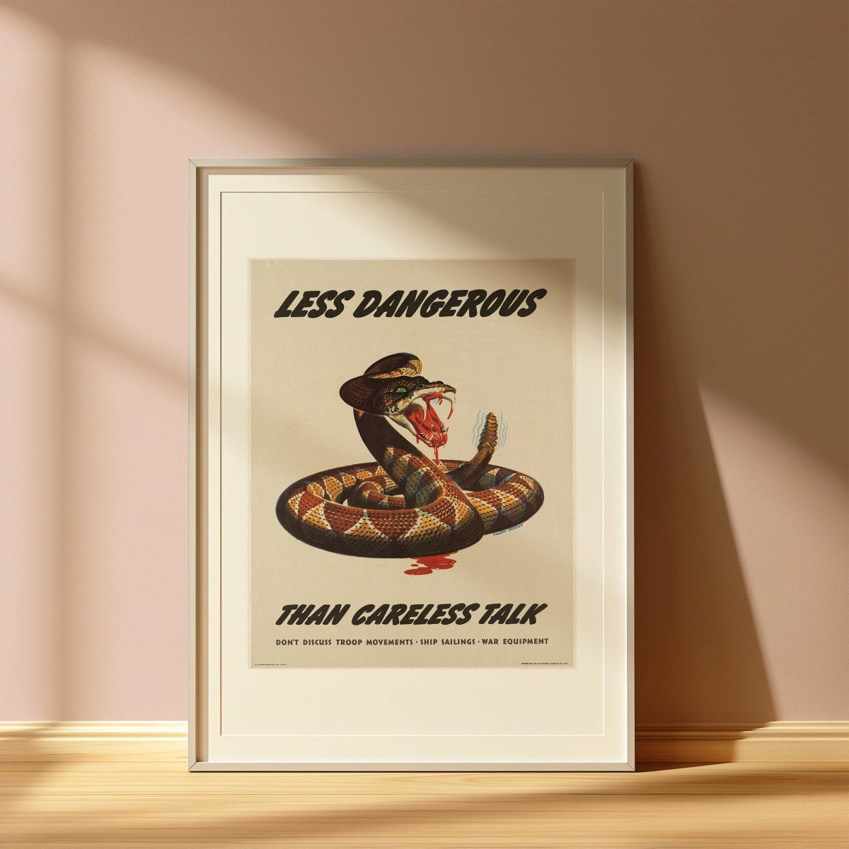 Less Dangerous Than Careless Talk, by Albert Dorne art print styled in a room setting