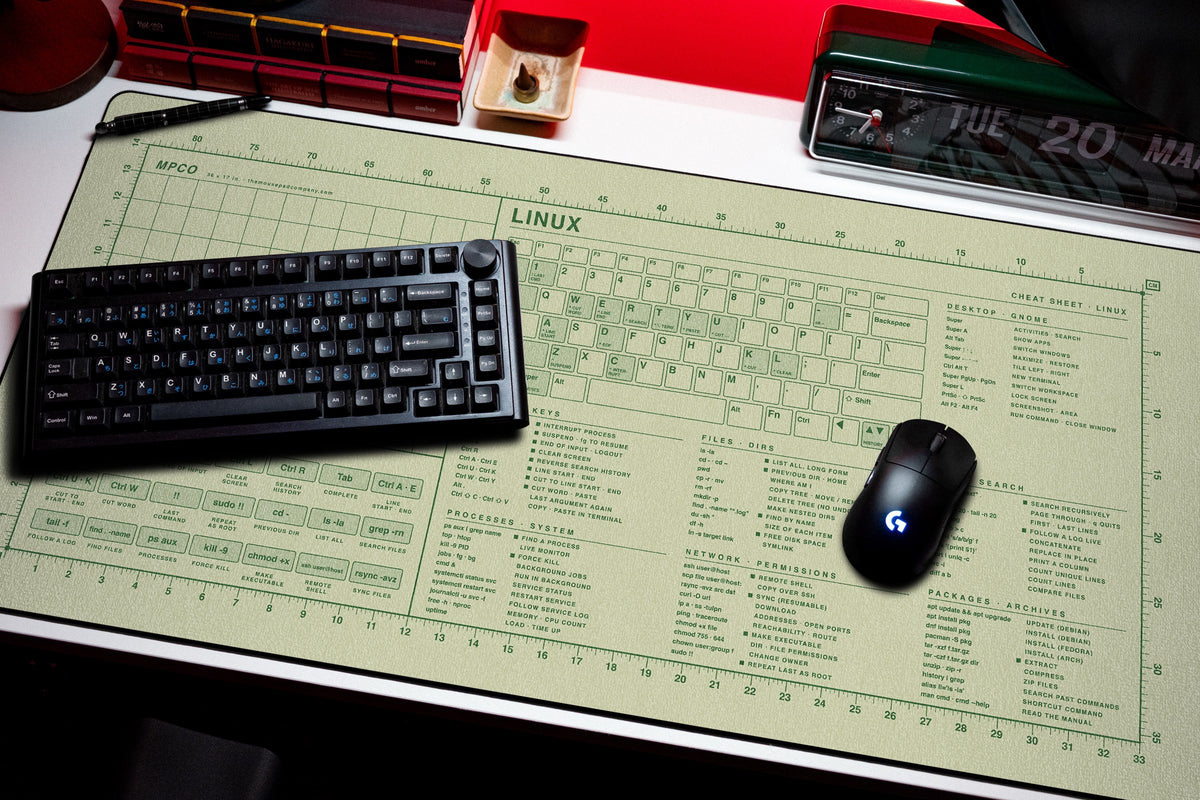 Linux Cheat Sheet Pad desk mat in Buff / Green, shown on a styled desk setup