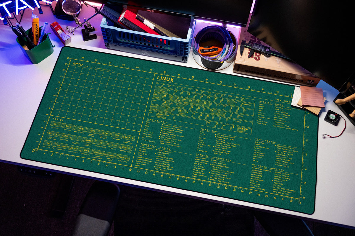 Linux Cheat Sheet Pad desk mat in Green / Yellow, shown on a styled desk setup