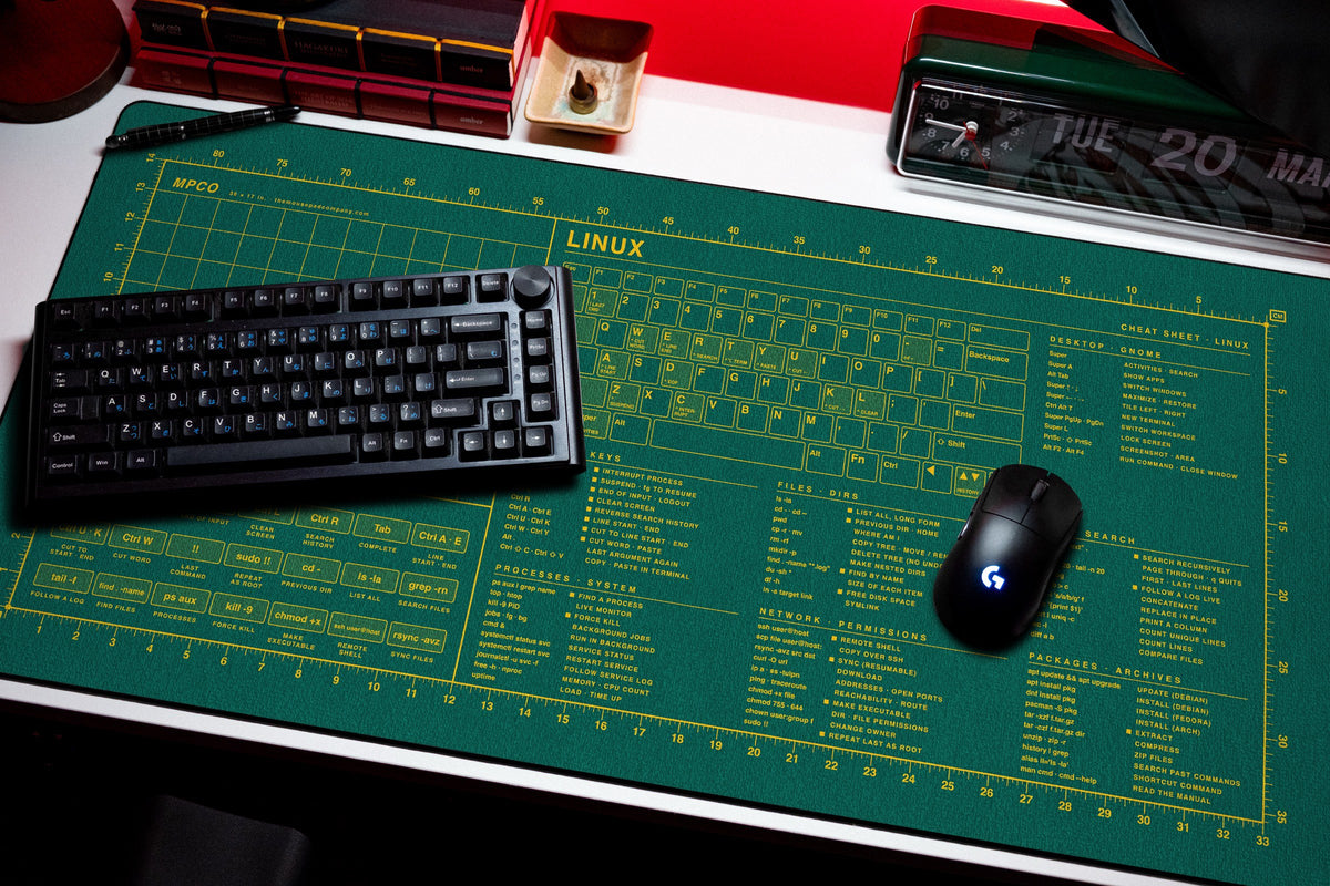 Linux Cheat Sheet Pad desk mat in Green / Yellow, shown on a styled desk setup