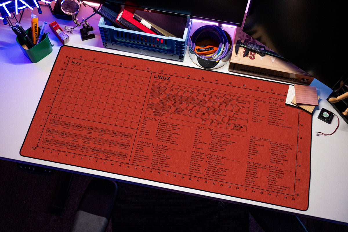 Linux Cheat Sheet Pad desk mat in Red / Black, shown on a styled desk setup