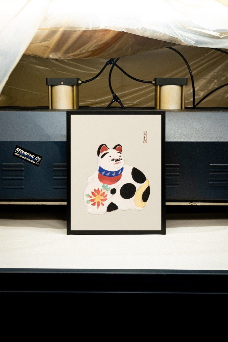 Maneki-Neko Hariko Cat - Japanese Folk Art art print styled in a room setting