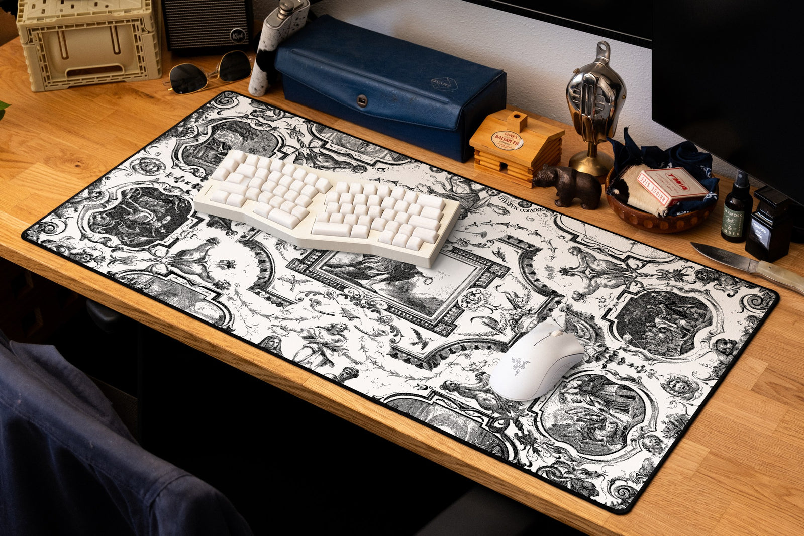 Martelli Hall desk mat in Dither, shown on a styled desk setup