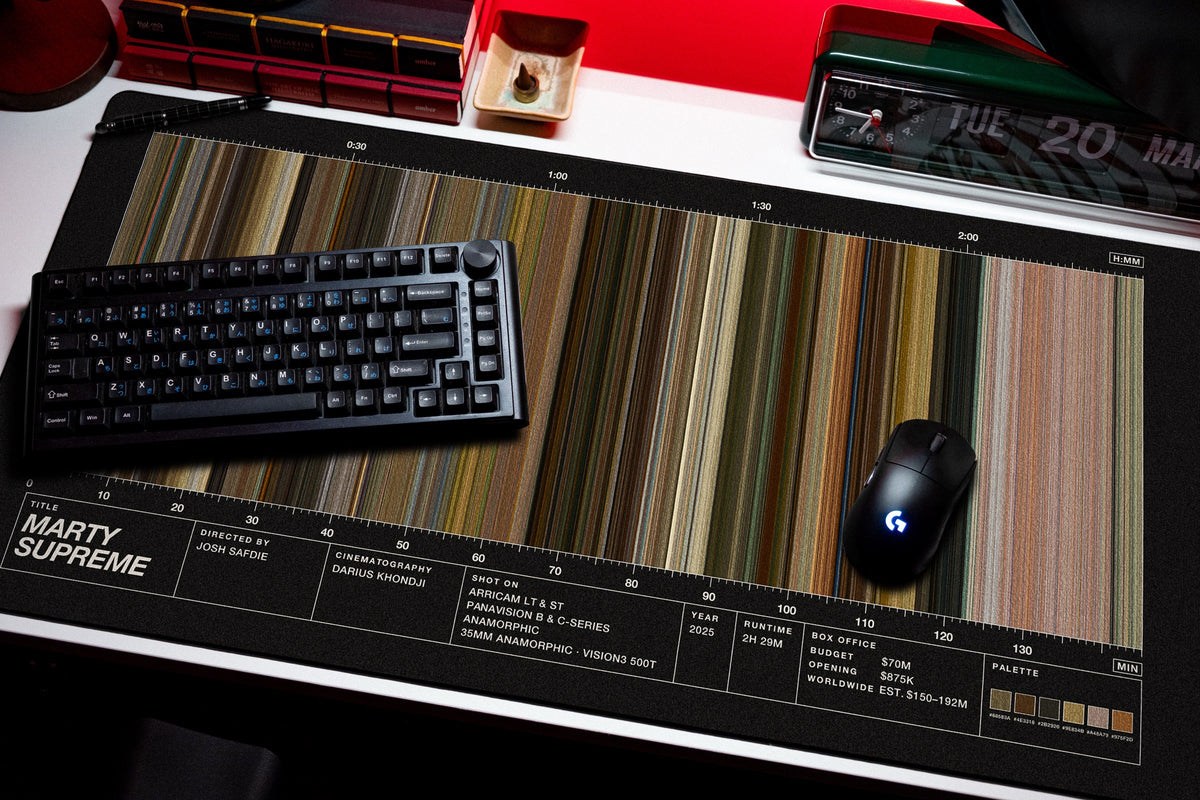 Marty Supreme (2025) — Movie Barcode Desk Mat desk mat in Black, shown on a styled desk setup