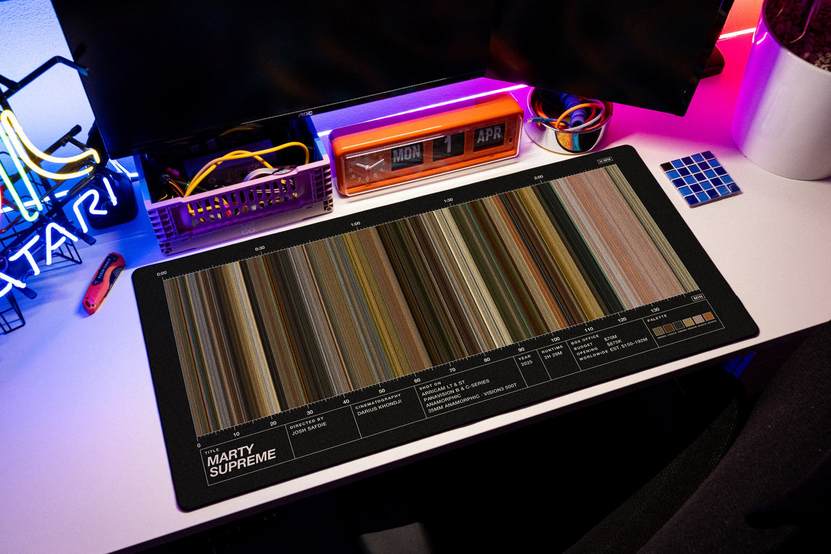 Marty Supreme (2025) — Movie Barcode Desk Mat desk mat in Black, shown on a styled desk setup