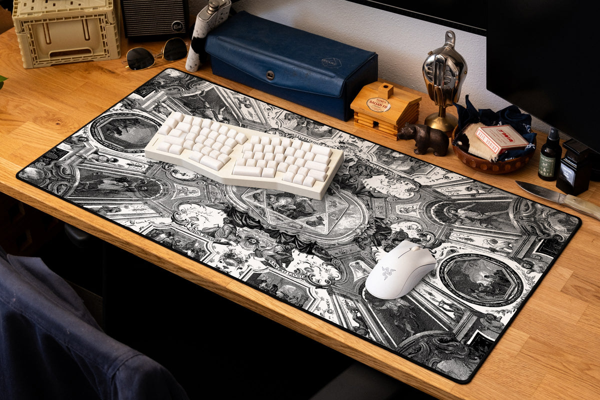 Mathematics Cabinet desk mat in Dither, shown on a styled desk setup