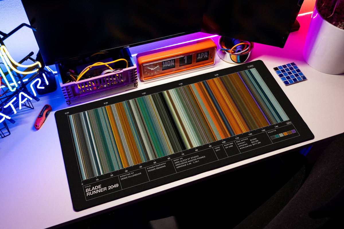 Blade Runner 2049 movie barcode desk mat in Black on a desk