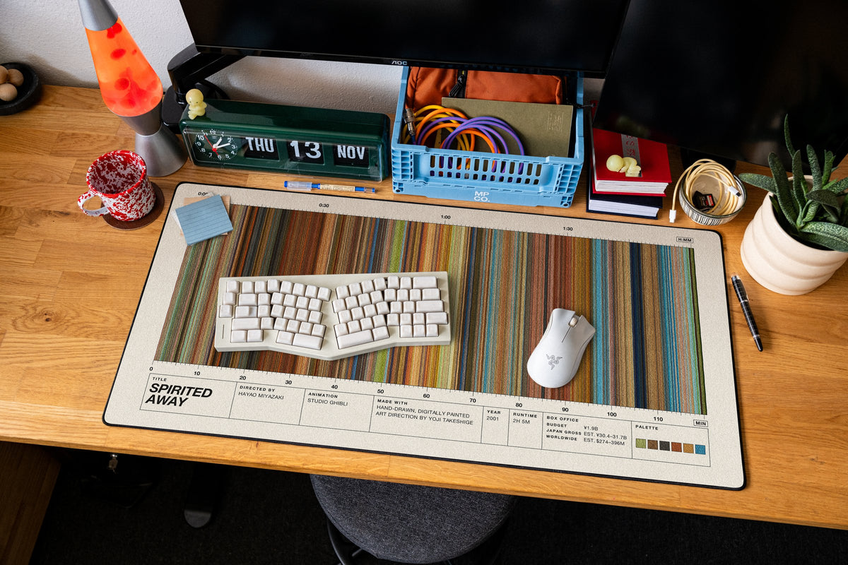 Spirited Away movie barcode desk mat in Cream on an oak desk