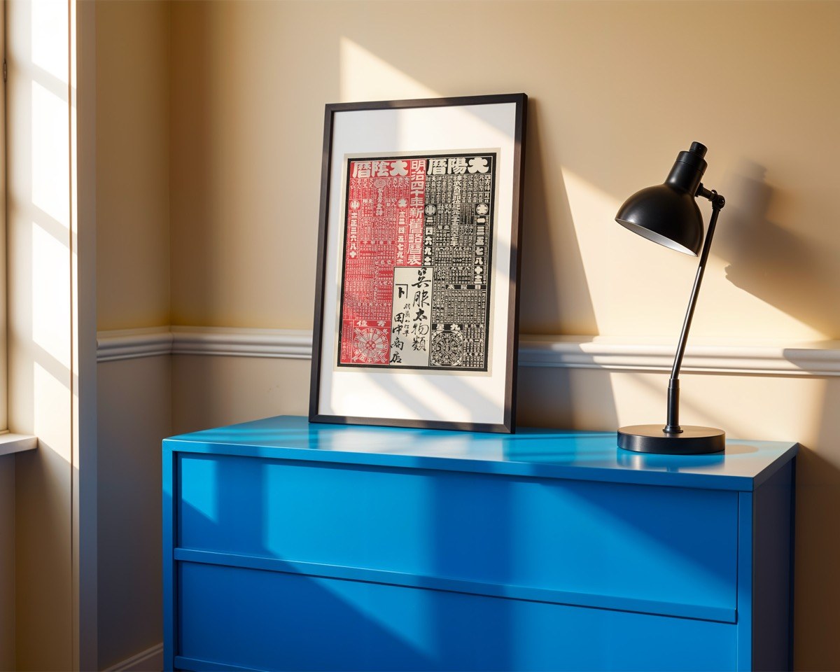 Meiji-Era Calendar Almanac - Tanaka Kimono Shop art print styled in a room setting