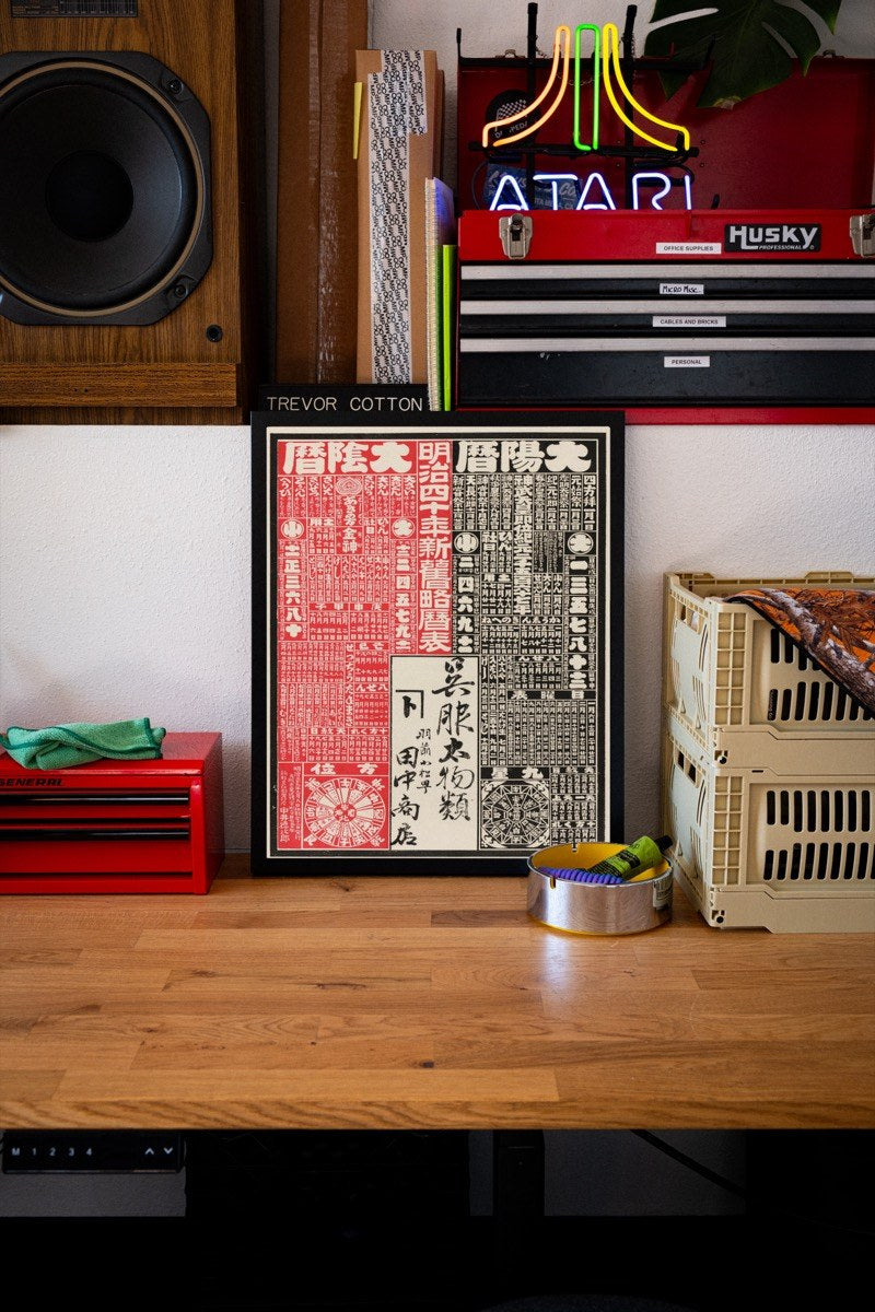 Meiji-Era Calendar Almanac - Tanaka Kimono Shop art print styled in a room setting