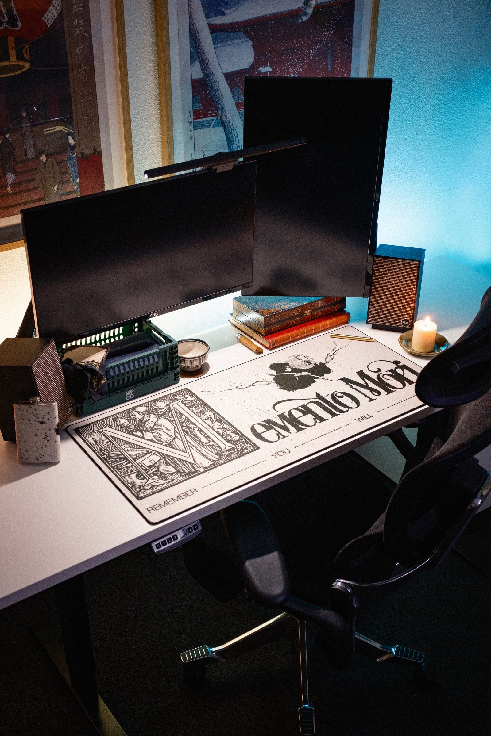 Memento Mori desk mat in Original, shown on a styled desk setup