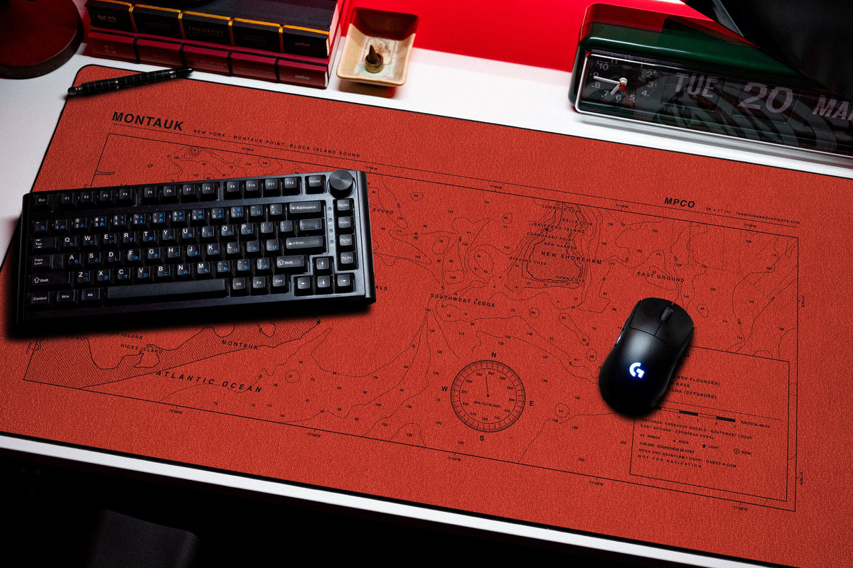 Montauk Nautical Chart Pad desk mat in Red / Black, shown on a styled desk setup